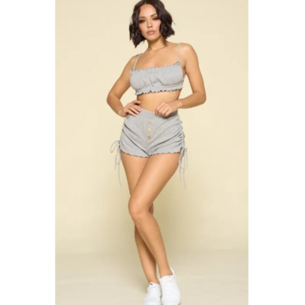 NWT Gray Open Back Cropped Top & Ruched Drawstring Side Shorts Dazyy 2 Piece SET